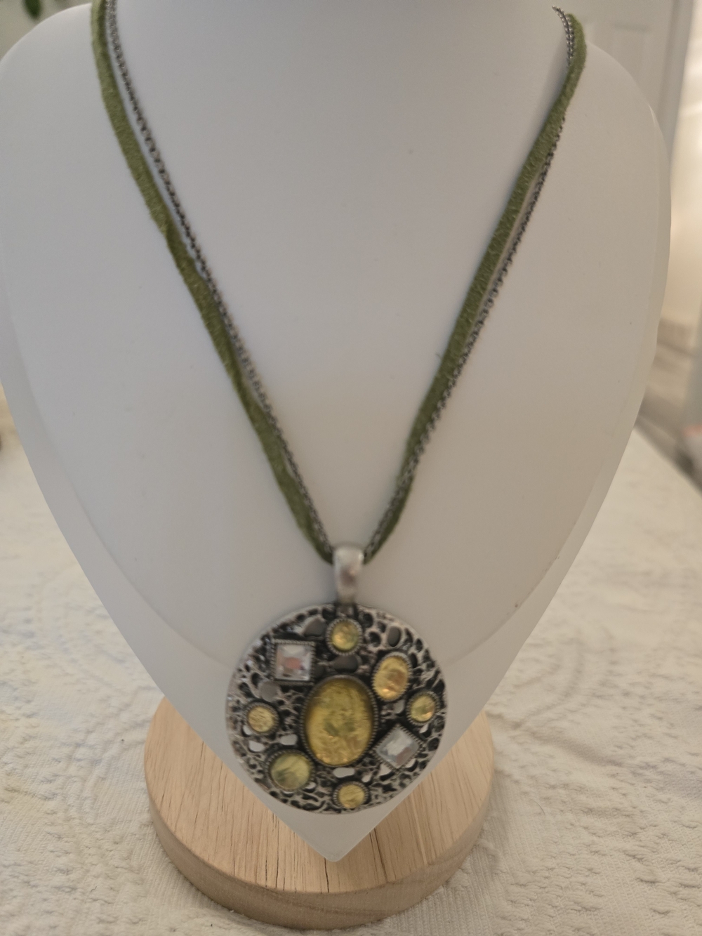 Lia Sophia Olive Green Cord Pendant Necklace with Yellow Accents